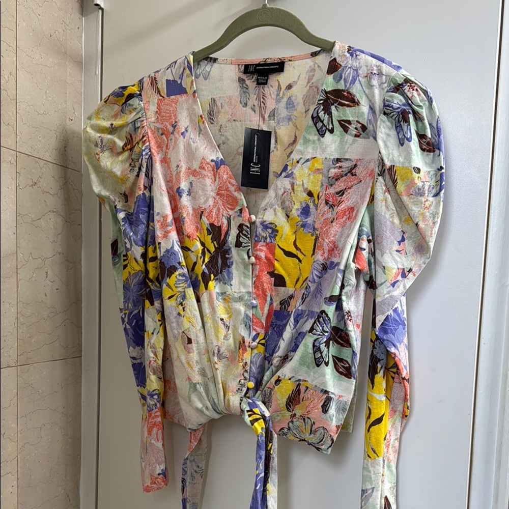 INC International Concepts Yellow and Pink Puff Sleeve Tie Linen Blouse
